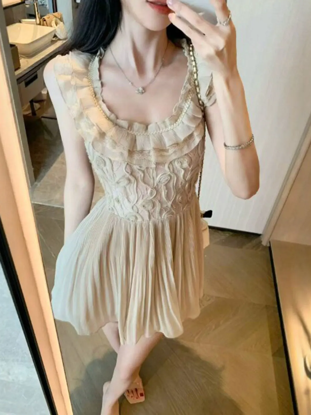 

Slimming Effect Unique Sister Style Wrap Waist Short Dress Fashionable Summer Cotton Blend No Sleeve round Neckline A-Line Skirt