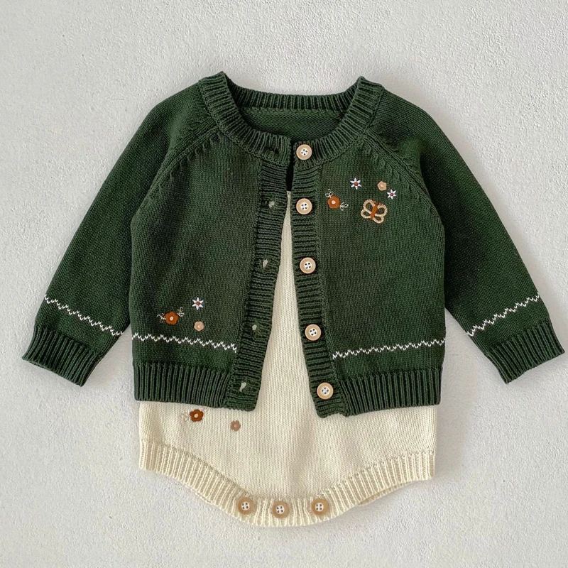 Autumn new 0-3 year old baby clothing for girls with contrasting colors, embroidered cotton knit sweater jacket+jumpsuit