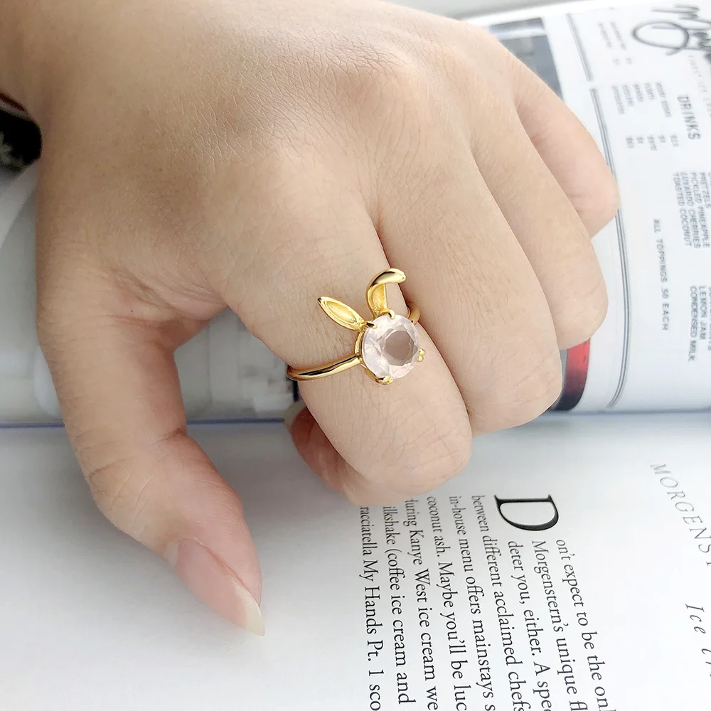 لامون الطبيعية روز كوارتز خاتم الأحجار الكريمة للنساء أرنب جميل 925 خاتم فضة 14K مطلية بالذهب غرامة مجوهرات هدية RI123