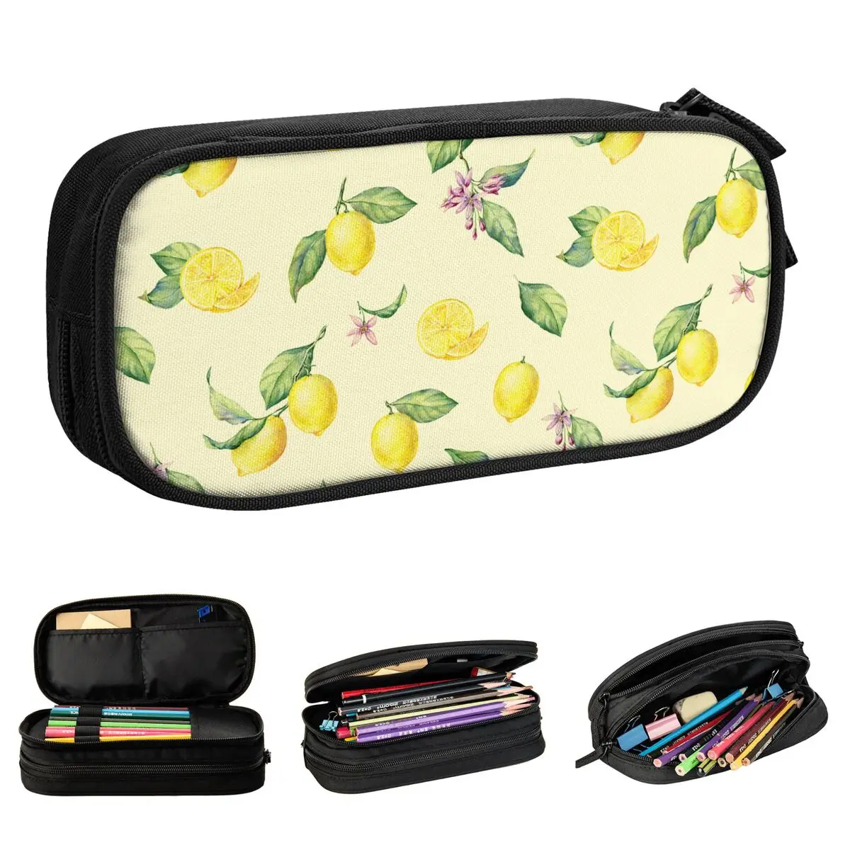 Trousse à crayons jaune, Fruit citron fleur, sac classique porte-stylo, sac d'étudiant grande capacité, étui cadeau de bureau