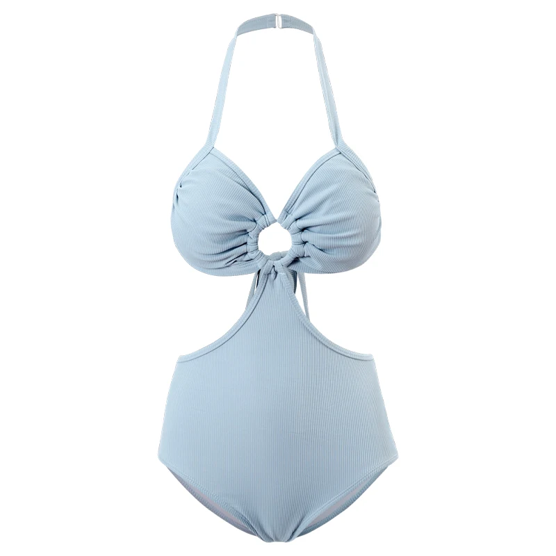 2025 nuevo verano elegante Sexy triángulo traje de baño de una pieza dulce azul vacaciones mujeres ahuecado cuello Halter con cordones traje de baño de parque acuático