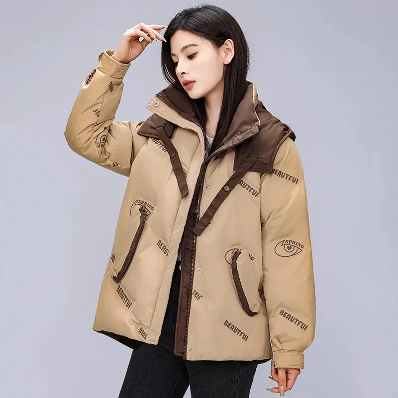 2024 New Print Down Cotton Jacket Women's Thicken Coat Winter Korean Edition Loose Short Hooded Coat Female Warm Parker Outwear