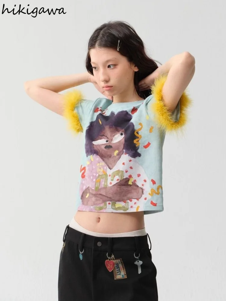 Women Clothing Patchwork Furry Woman T Shirts Y2k Tops Cotton Short Sleeve Tees Fashion Camisetas Casual Anime Print Chic Tshirt