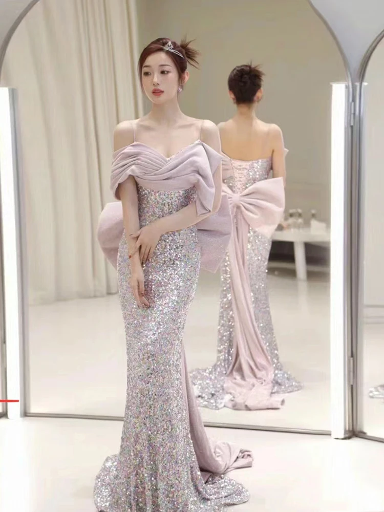 

One-oulder Evening Gown Luxury Sparkling High-End Cus-Made Wedding Dr ort Sve Floor-Length Polyester Fiber