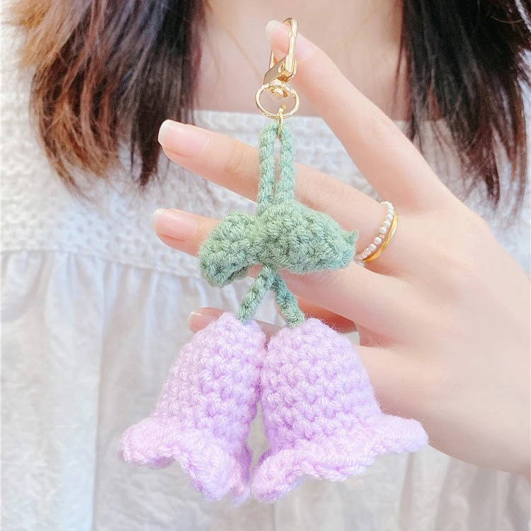 Handmade Cute Little Lily of The Valley Hand Knitted Crochet Flower Keychain Car Key Pendant, Bag Pendant