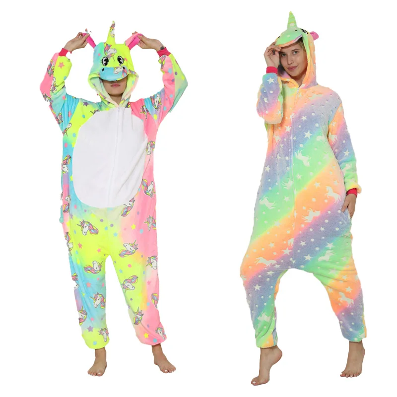 

For Adult Rainbow Sleepwear Halloween Cosplay One Piece Pajamas Nightgowns Hooded Long Sleeve Thicken Casual Jumpsuit Tail