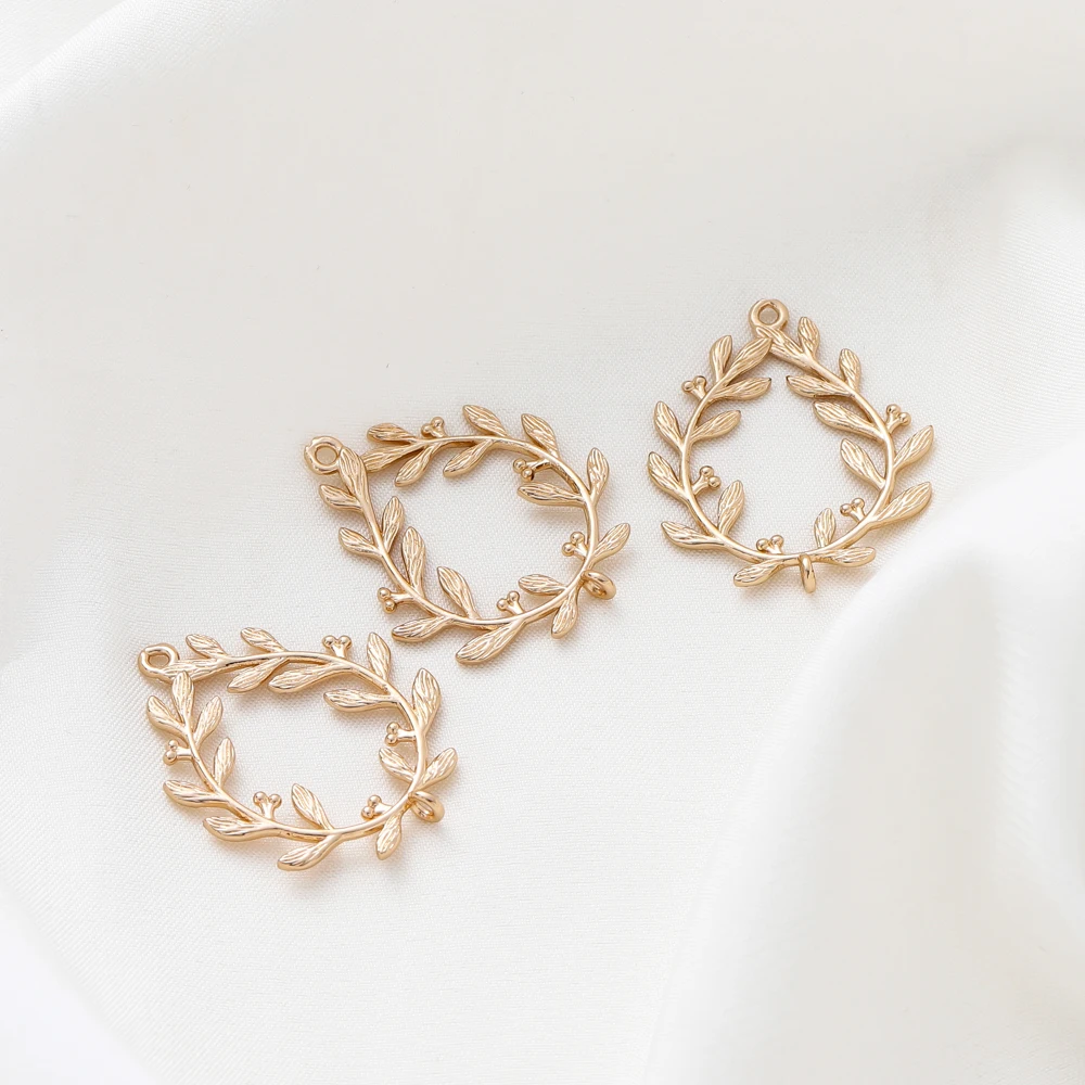 6pcs/Lot 14K Gold Plated Olive Leaves Brass Oval Pendants Bracelet With Double Holes Pendants For DIY Jewelry Crafts Supplies