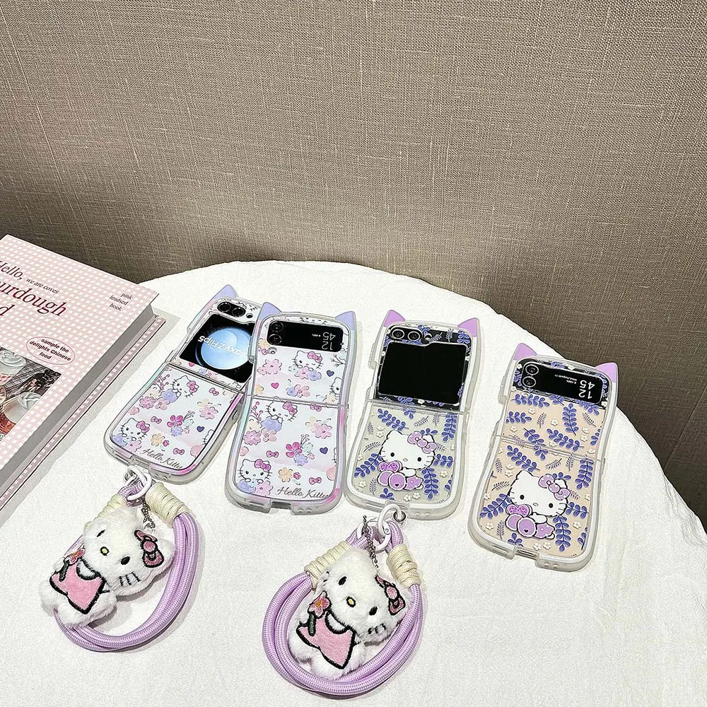 Cute Hello Kitty 3D Cat Ear con custodia per telefono con cordino per Samsung Galaxy Z Flip 3 4 Z Flip 5 6 5G PC Cover posteriore rigida Anti-goccia