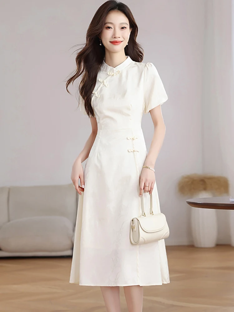 

2025 New White Jacquard Puff Sleeve Stand Collar Long Dress Women Vintage Bodycon Luxury Dress Summer Korean Elegant Party Dress