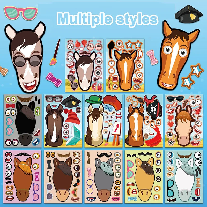 Cartoon Children DIY Make A Horse Stickers Sheets Puzzle Assemble Make A Face Sticker For Kids Toddler Party Favors Activities