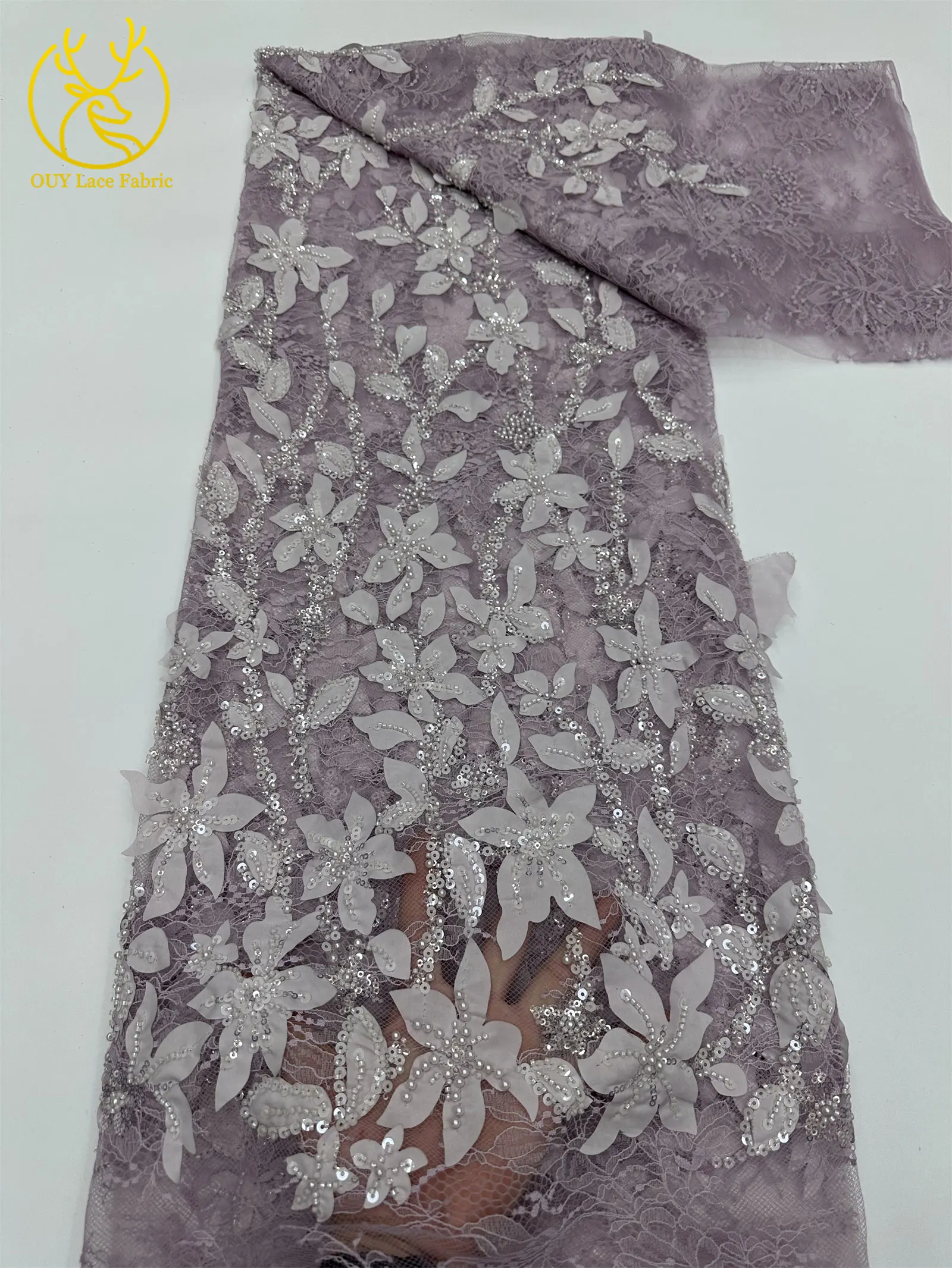 3D grüner afrikanischer handgefertigter Perlen-Pailletten-Spitzenstoff 2026 – Hochwertiger nigerianischer Stoff für luxuriöse Hochzeits- und Partykleider zum Nähen, 5 Yards – Detail 6