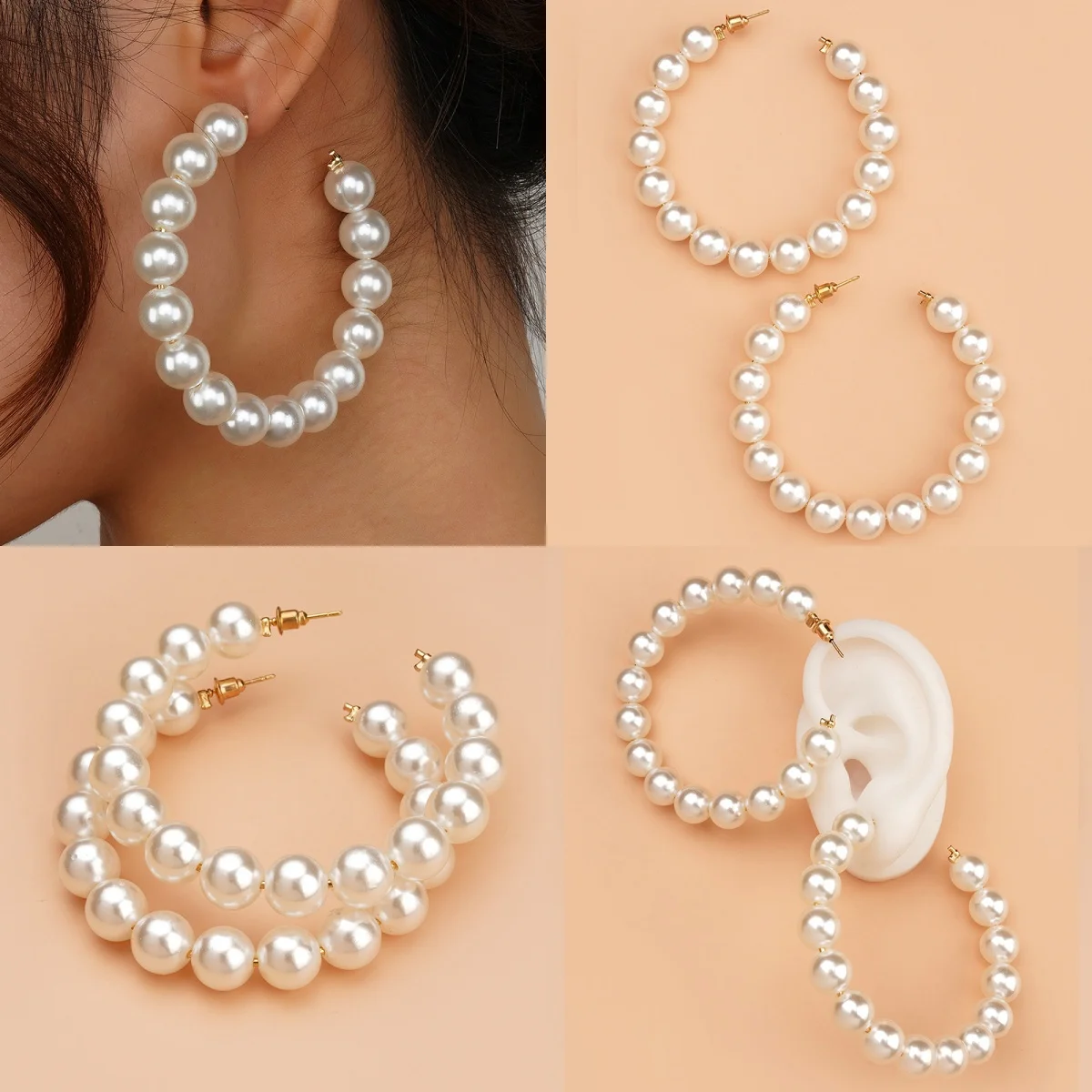 Women Classic Stainless Steel Elegant White Big Circle Pearls Earrings Fashion Jewelry Gift Accessories Valentine's Day