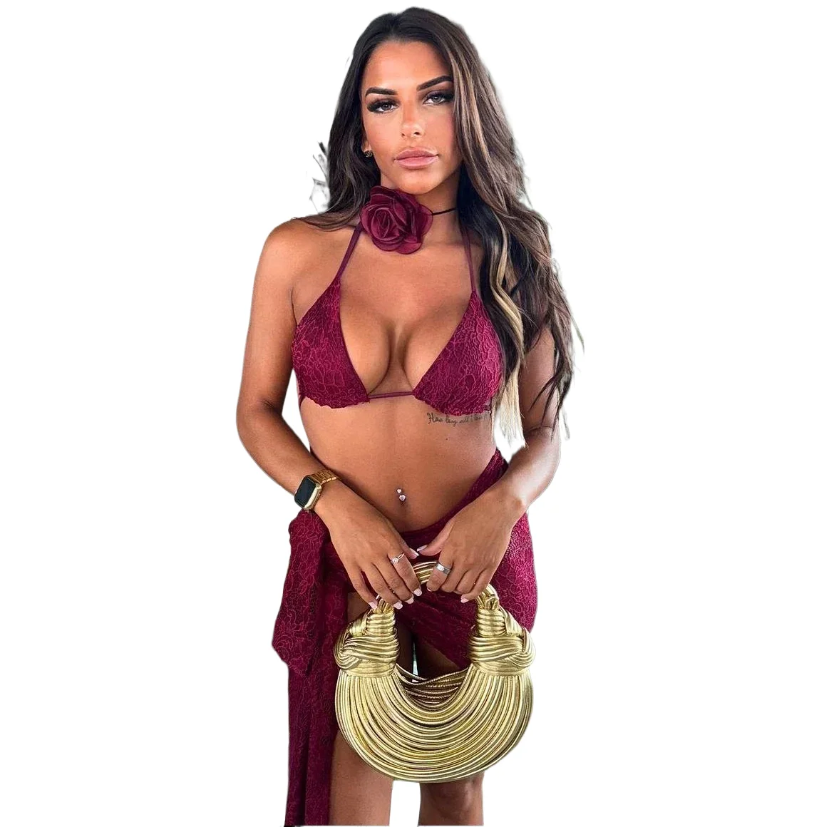 

3Packs Lace Bikini Set With Beach Skirt Flower Women Sexy Swimsuit Red Swimwear Female Crochet Dress Bathingsuit Sarongs Biquini