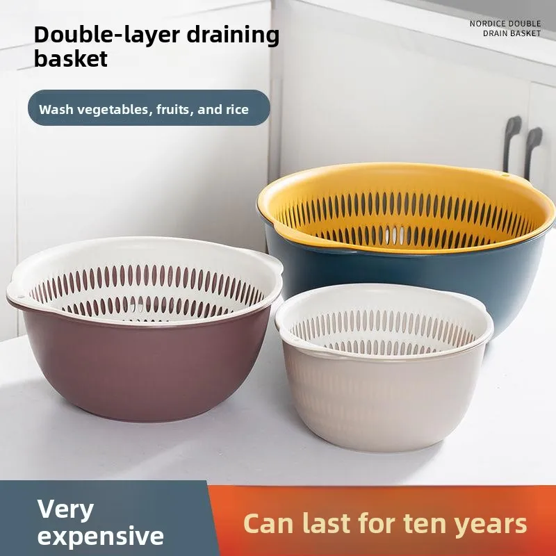 

Kitchen Double Layer Plastic Fruit Waing Basin Drain Basket Simple Sle Six Piece Set for Home Use And Fruit Cleaning