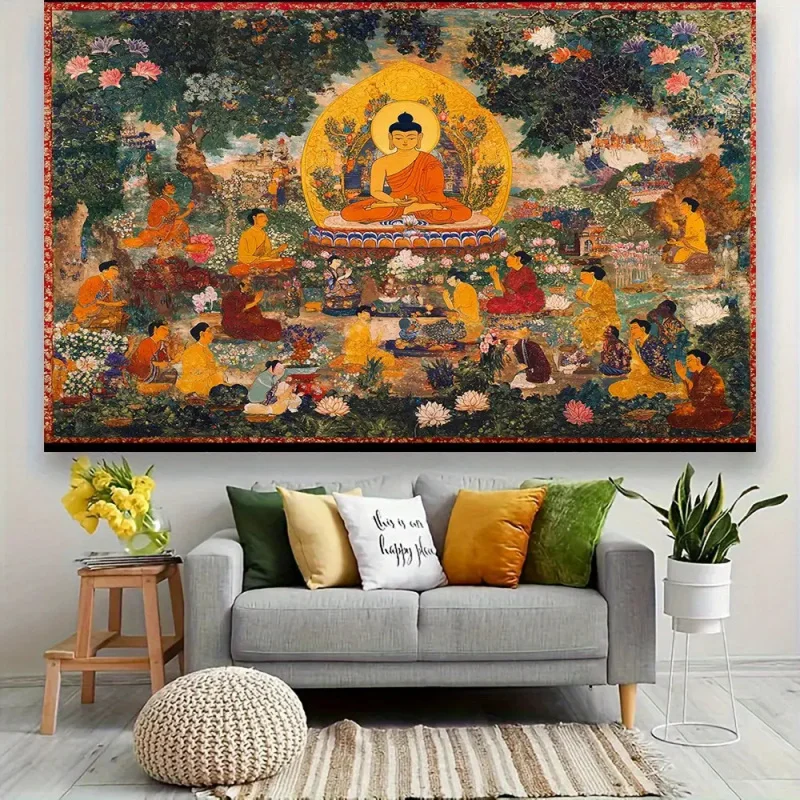 Vikama Vibrant Buddha Assembly Wandteppich mit reichem Blumen- und Göttlichkeitsdesign, ideal für die Gestaltung eines heiligen und künstlerischen Zuhauses