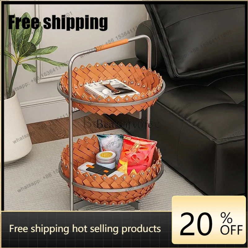 HJ Italian Light Luxury Sofa Side A Few Saddles Leather Round Cart Designer High-end Household Woven Goods