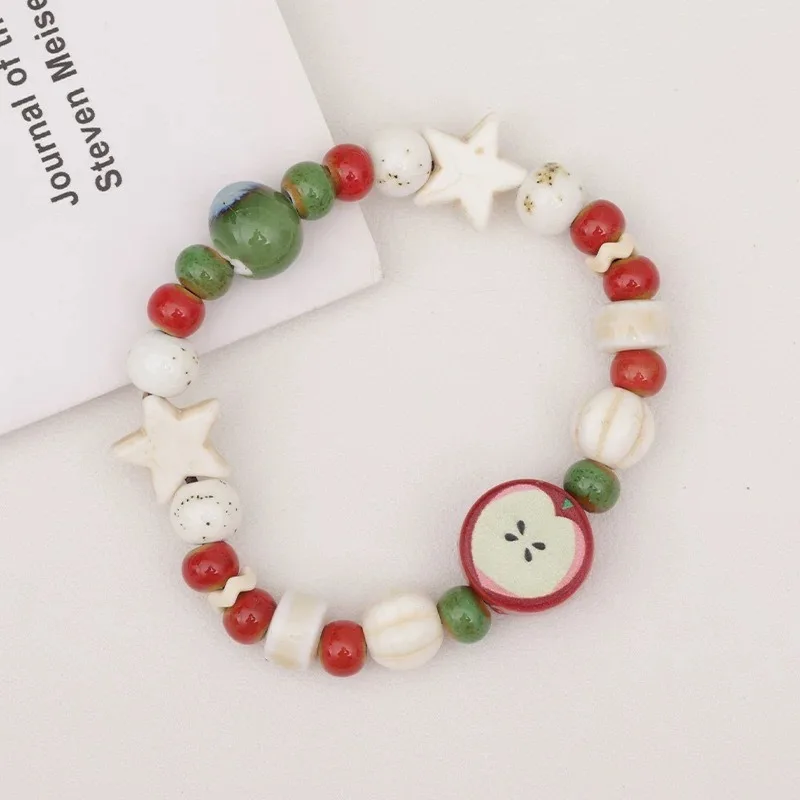 Handmade Apple Fruit Bone Bead Ceramic Bracelet Stretchable Boho Ethnic Jewelry Unique Gift image 6