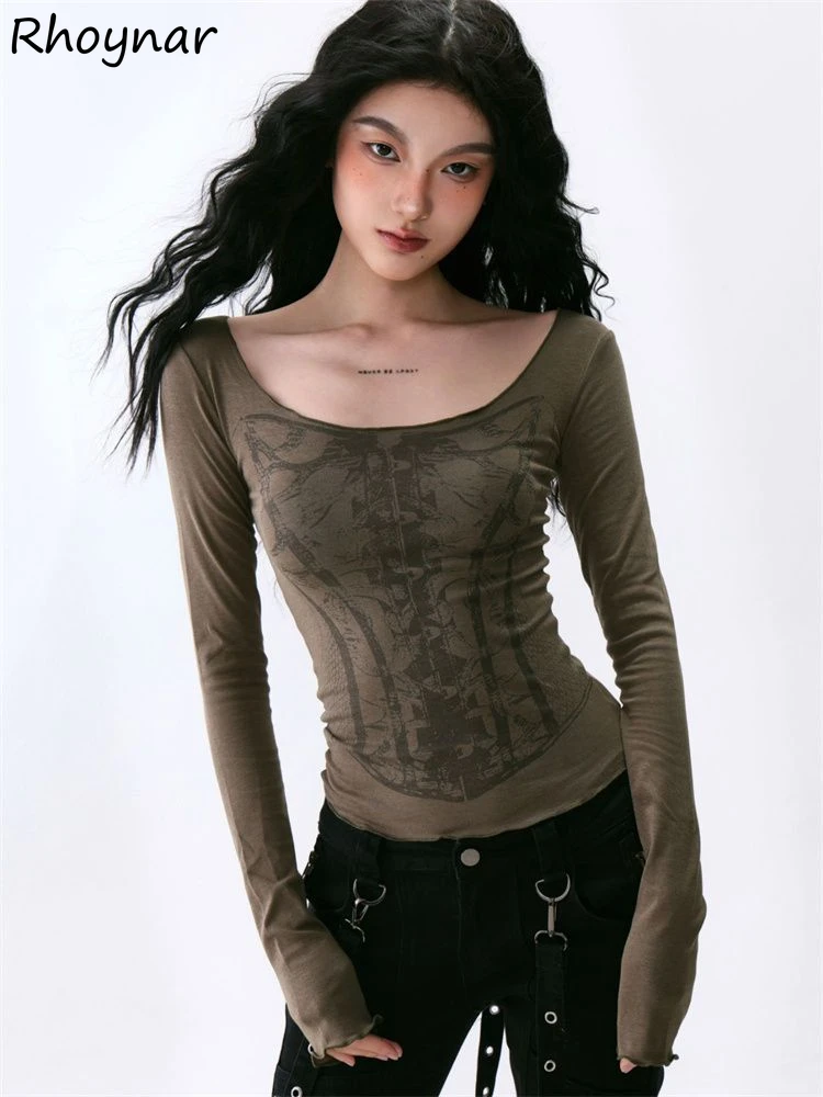 Solid T-shirts Women Long Sleeve Slim Fit Spring Vintage American Style All-match Design Minimalist Leisure Girl Streetwear Chic