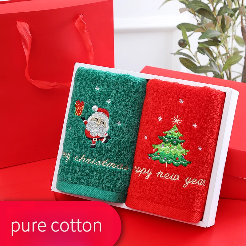 

Christmas Gift Set - 2 Red/Green Santa Cotton Face Towels in Gift Box, Festive Bath & Hand Towels for Holiday Gifting