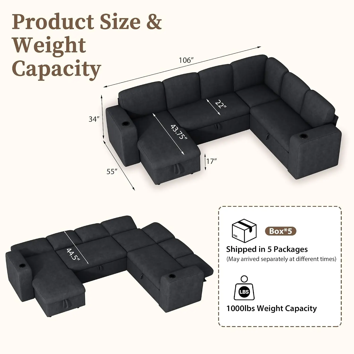 Sectional Couch for Living Room, 6 Seats Modular U Shaped Cloud Couch with Storage Chaise, Dual Arm Storage & USB, Customized