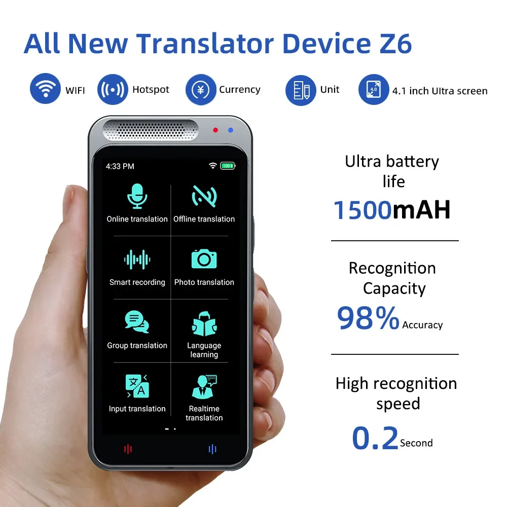 2023 Z6 Language Translator Device 138  Languages Intelligent Translator Real-time Voice Recording, Text Translation Device