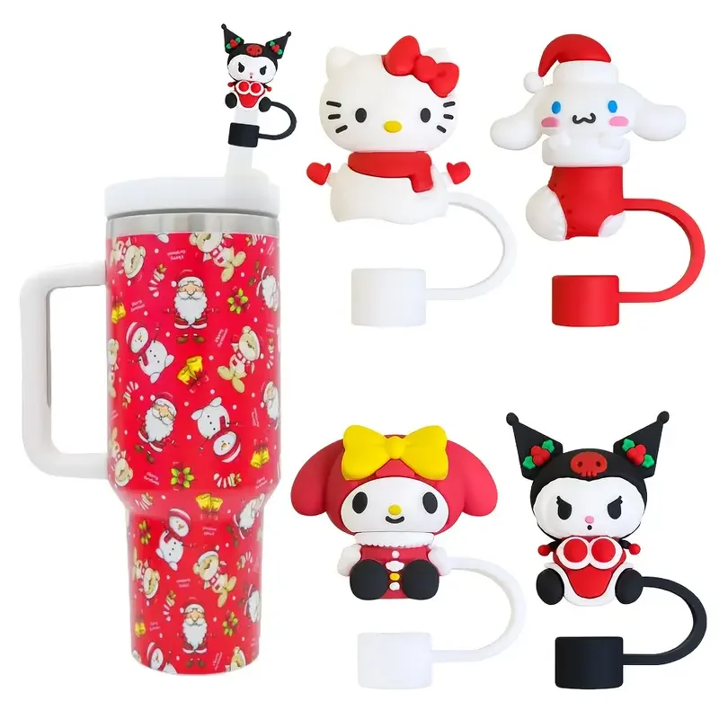 4Pcs Mesuca Cute Cartoon Straw Topper Cap Christmas Character Silicone Straw Cover 10mm Reusable Dust Proof Straw Plug Accessories For Stanley Tumbler Cup