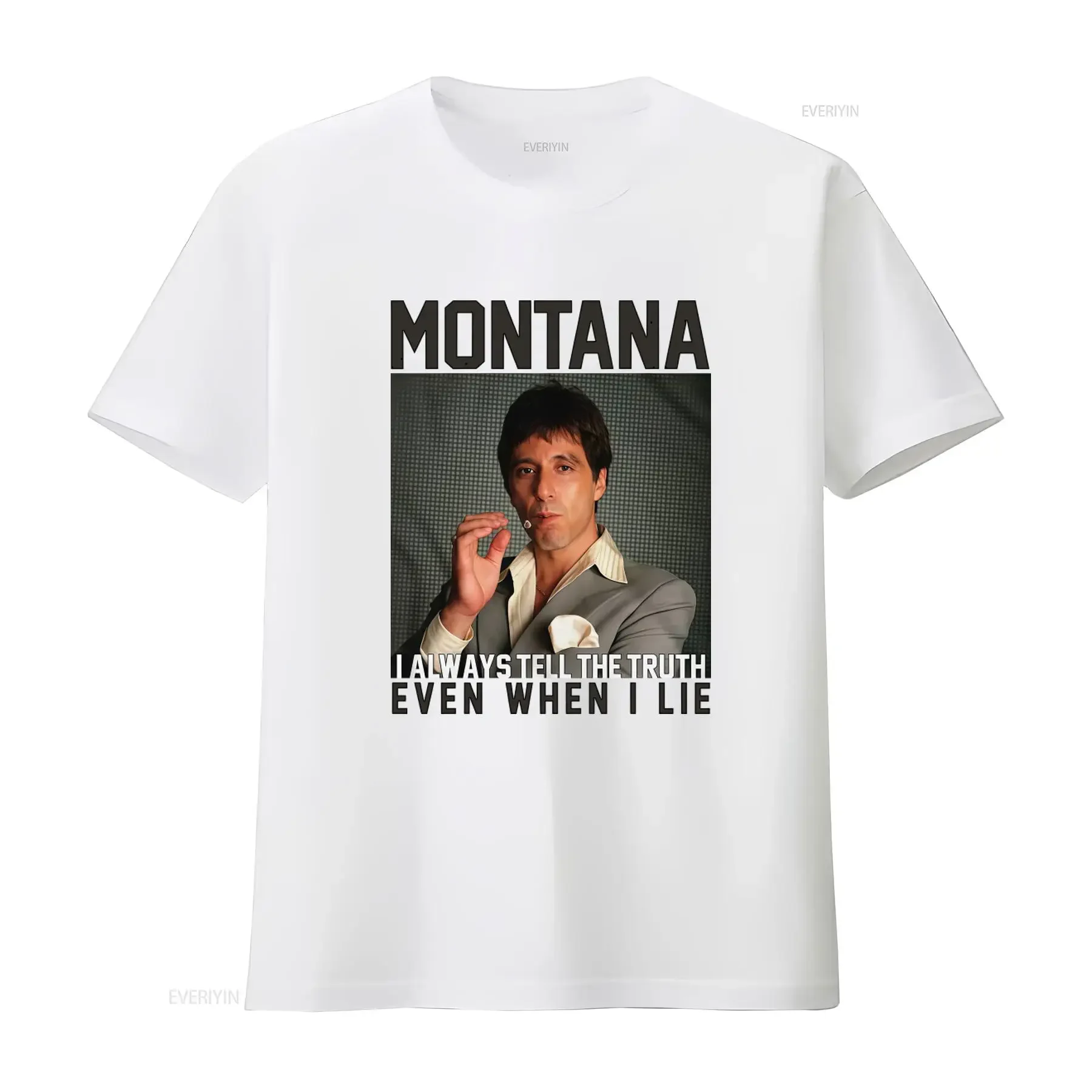 T-shirt blanc Scarface Montana avec impression « I Always Tell The Truth Even When Lie », style streetwear vintage inspiré du film, effet délavé