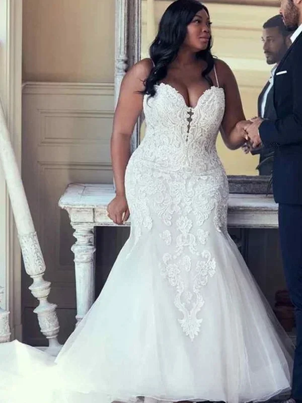

Customized Trumpet/Mermaid Tulle Spaghetti Straps Sleeveless Sweep/Brush Train Applique Plus Size Wedding Dresses