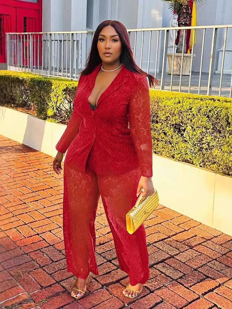 

Womens Two Piece Autumn Clothes Set Long Sleeve Hollow Out Ladies Suits Lace Pants and Blazer Elegant Set Wholesale Dropshipping