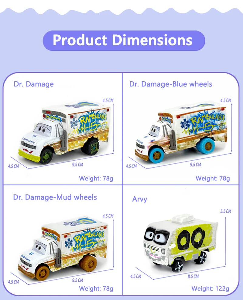 Cars 3 The Demolition Derby Events Rennwagen Dr. Damage Arvy Wohnmobil Miss Fritter Legierungs-Spielzeugauto für Kinder – Detail 2