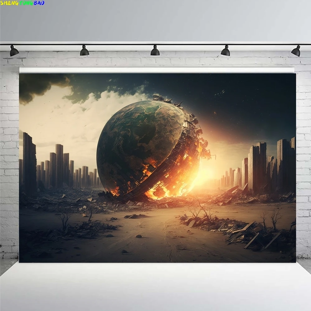 Ruined City Backdrop Doomsday Disaster Scenery Wildfire Burning Building Street Car Smoke Photo Background Studio Shoot Props