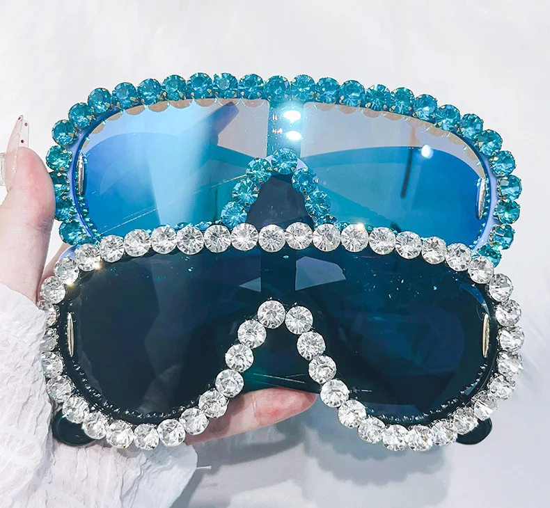 Glänzende Diamanten Y2K Sonnenbrille Frauen Luxus Übergroße Einteilige Sonnenbrille Goggle Weibliche Trends Strass Shades Brillen UV400 – Detail 1