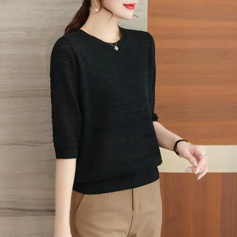 Simplicity Office Lady Spring/Summer Thin Style Women\'s O-Neck Solid Hollow Out Fashion Versatile Half Sleeve Loose Knitted Tops