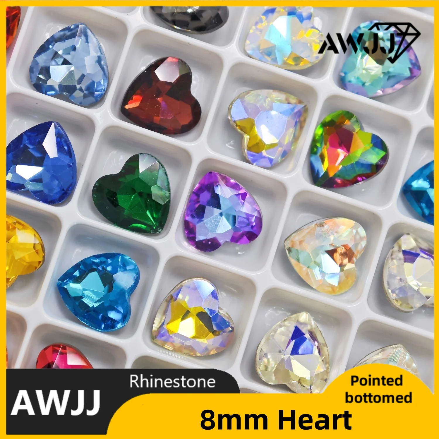 8mm Love Heart Shape Pointed Back Rhinestones DIY Handicraft Essentials - Multi-Cut Shiny Decor, High Hardness & Various Colors