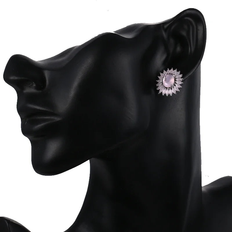 LXOEN Fashion Round Zircon Women Stud Earrings With Silver Color Studs Ear Girl Druzy Earrings Jewelry brinco Gift bijoux