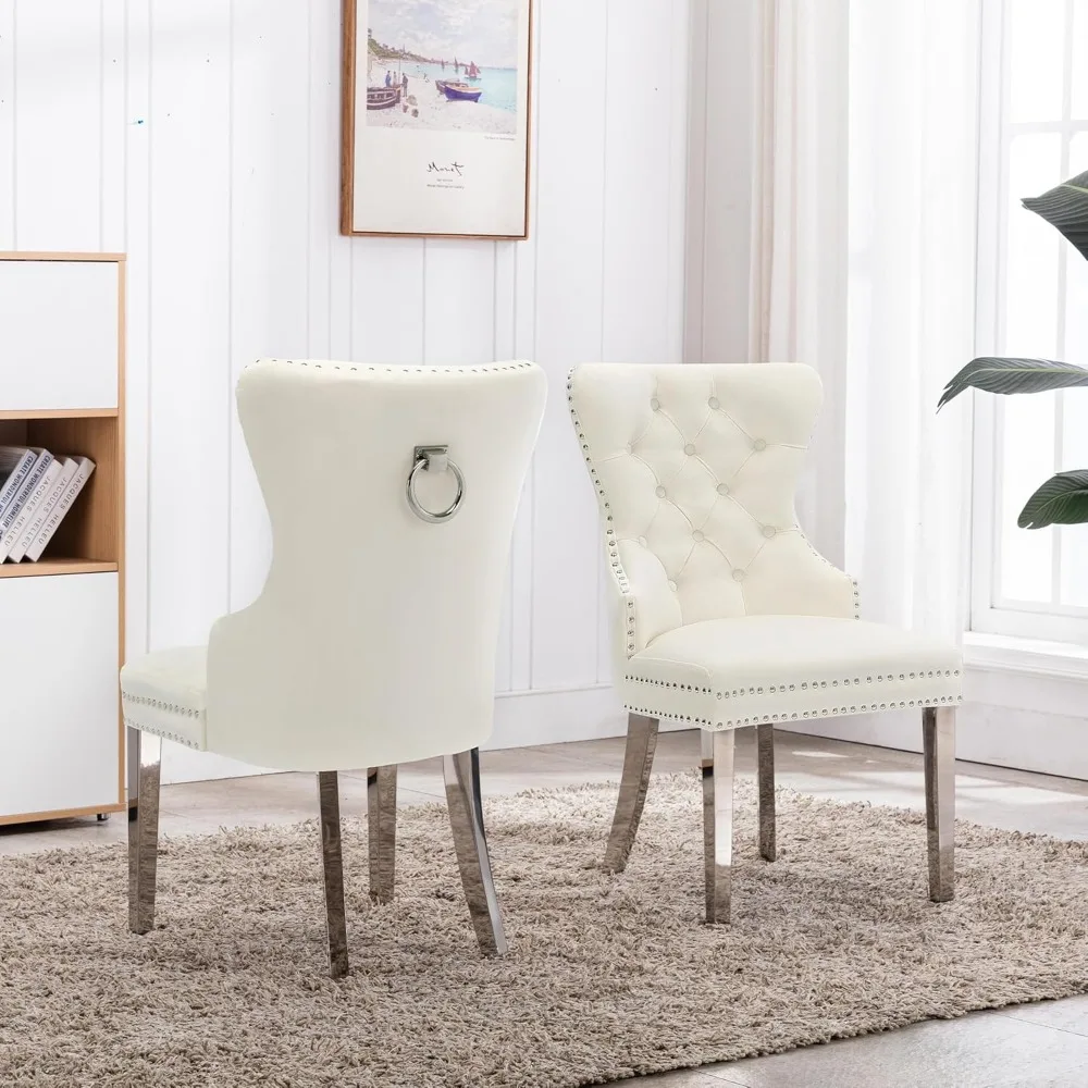 Fluwelen Eetkamerstoelen Set Van 2, Luxe Gestoffeerde Tufted Eetkamerstoelen Met Roestvrijstalen Poten En Trekringbekleding