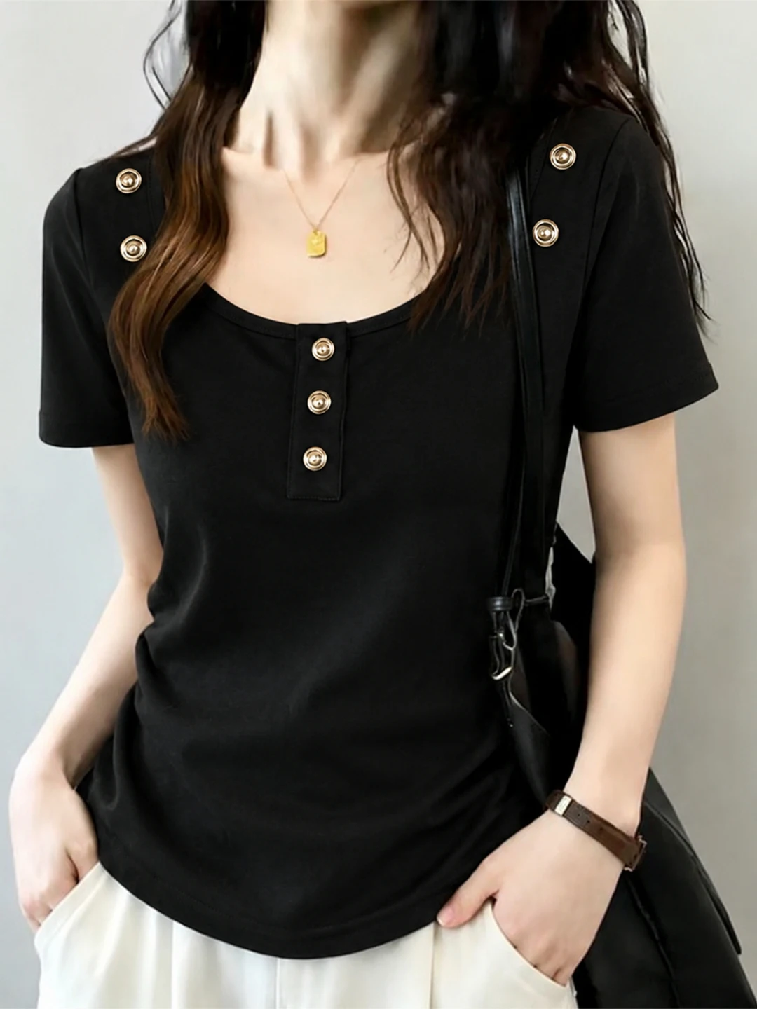 

Slimming Black Summer 2026 Trendy Short Sleeve T-Shirt Korean Style Casual Commute Style Top High-End Feeling Comfortable Shirt