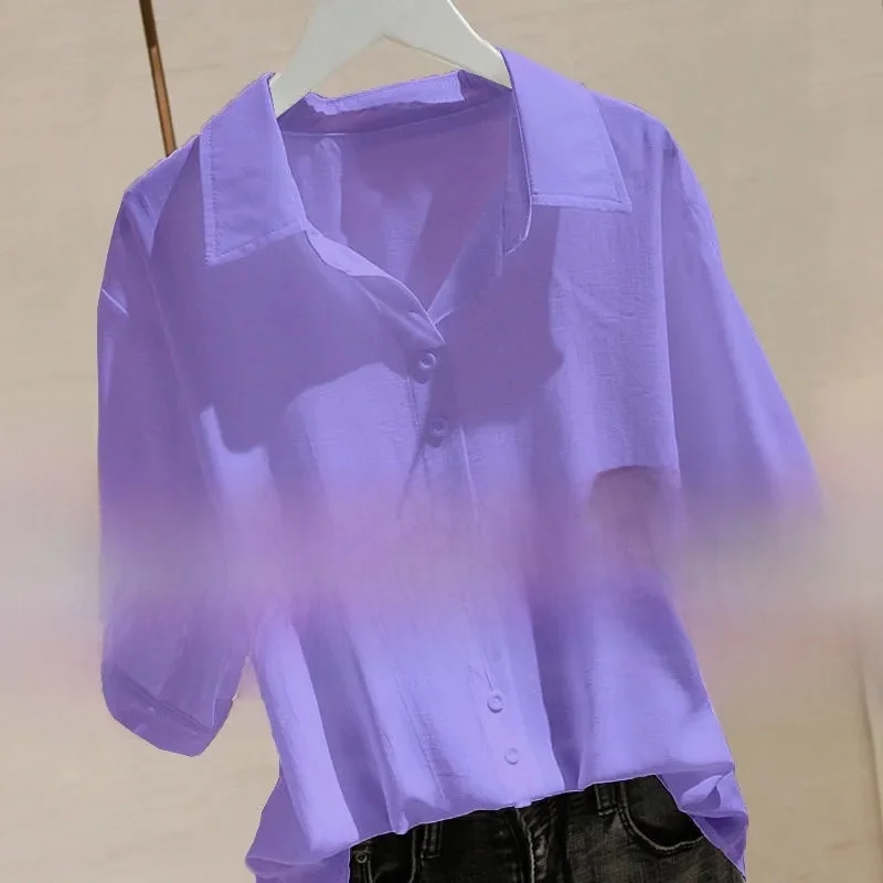 

plus Size Women's Pure Cotton V-Ne ort Sve irt Summer Top Korean Sle Loose Fit Button Detail Thin Fabric Workwear