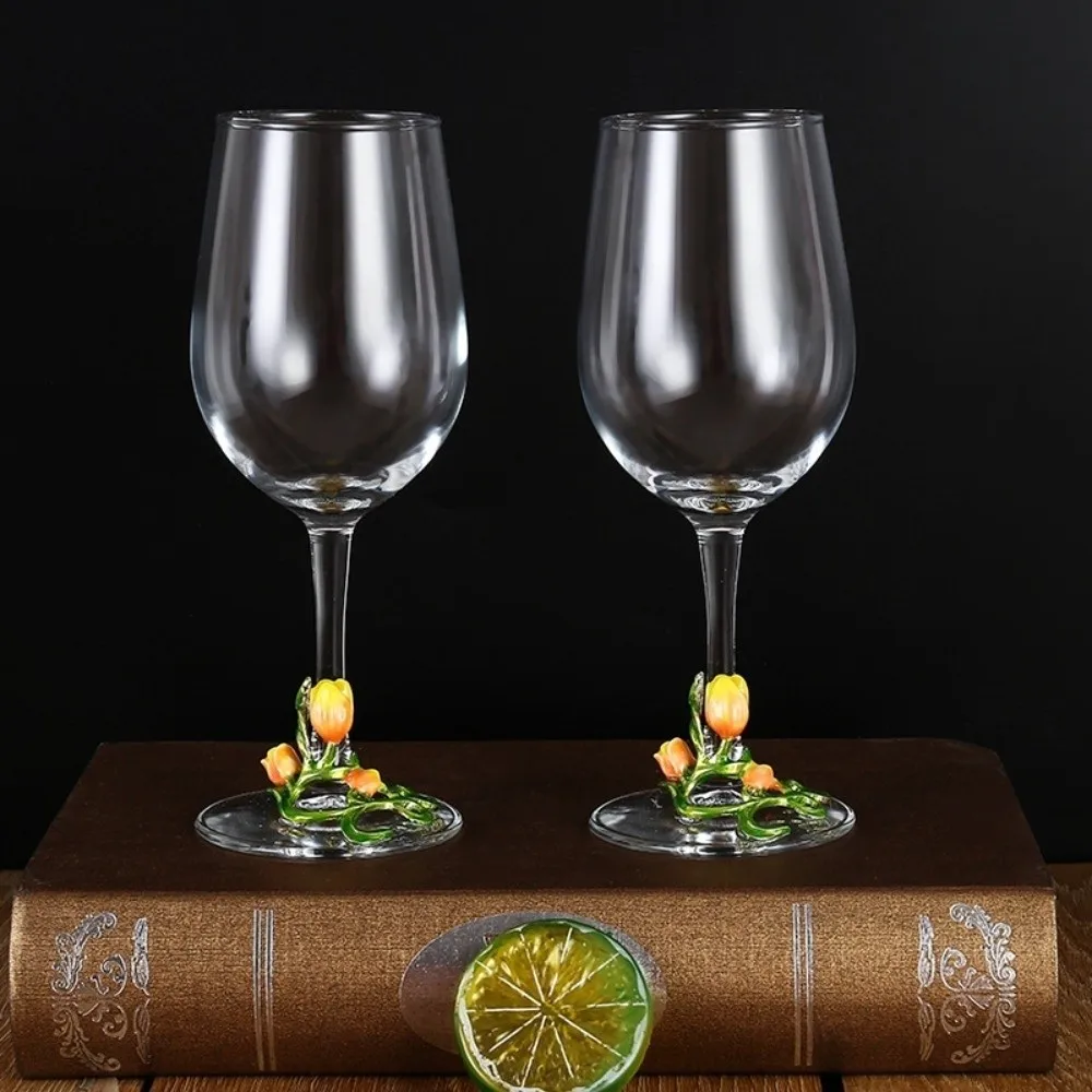 Glassware Tulip Floral Tulip Flower Wine Glass 350ML Elegant Clear Stemmed Cup 3D Creative Transparent Embossed Cup New Year