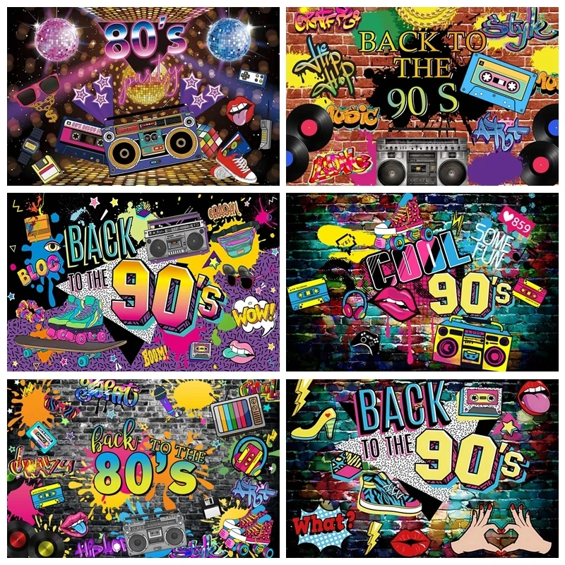 

Back To 80's Theme Party Decoration 90's Party Banner Music Disco Backdrops Graffiti Neon Glow Photography Backgrounds Decor