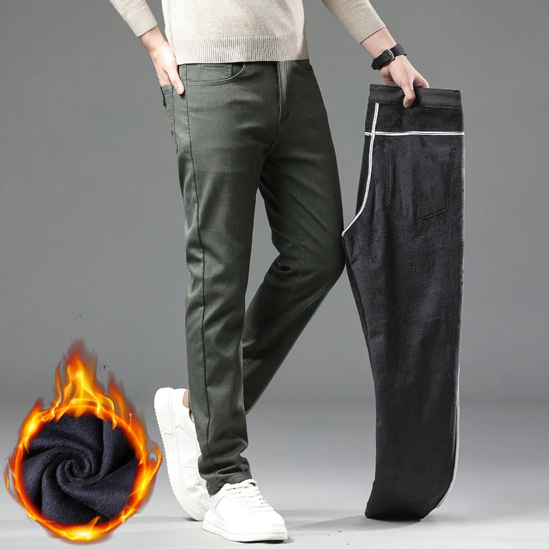 2024 New Winter Fleece Casual Pants Men\'s Straight Slim Thick Warm Male Business Fashion Casual Elastic Comfort Velvet Trousers