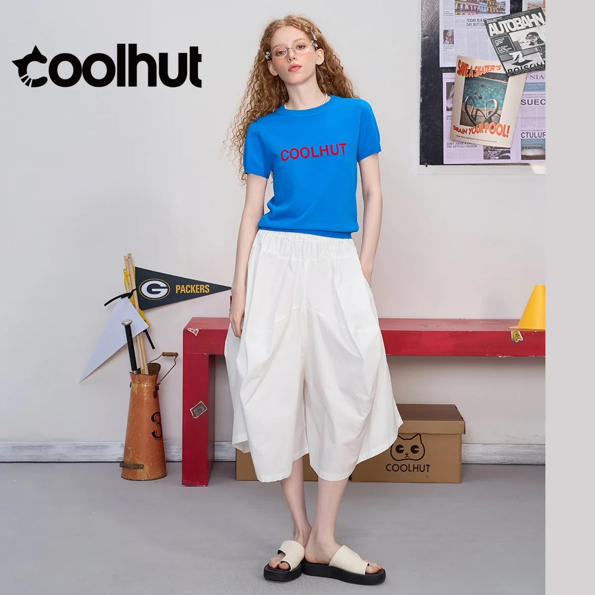 COOLHUT Women's 2025 French Style Solid Color Cocoon Hem Flared Midi Skirt Wide Leg Elastic Waist Summer Casual Cropped Pants