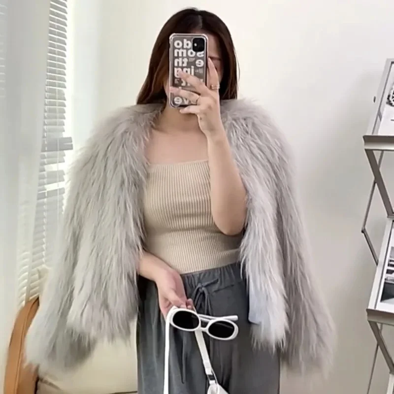 Women Solid Color V-neck Cardigans Faux Fur Autumn Winter Female Loose Faux Fur Coat New Ladies Short Long Sleeves Plush Outwear