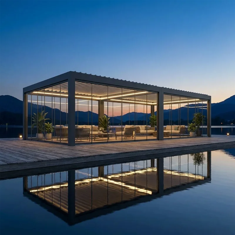 Heavy Duty Resistant Aluminum Pergola Reinforced Louver Blades Bioclimatic LED Lighting Balcony