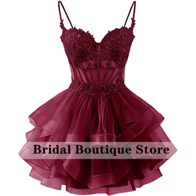 Customized Tiered Tulle Homecoming Dresses Lace Applique Short DAMA Dress | Spaghetti Straps HOCO Dresses for Teens 2
