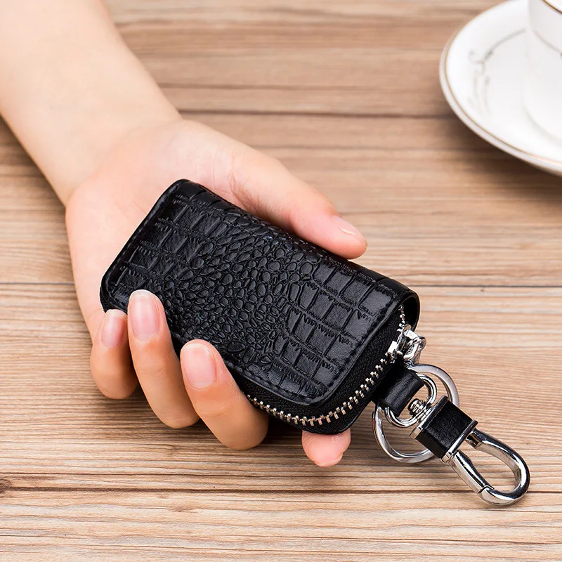 Unisex Genuine Leather Car Key Case for Men and Women Crocodile Print Car Smart Key Fob Zipper Case with Keychain and Metal Hook