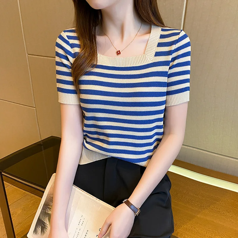 1 pièces été femmes rayure tricot T-Shirt dame à manches courtes col carré coupe ajustée T-Shirt femme pull t-shirts filles mode Chic hauts