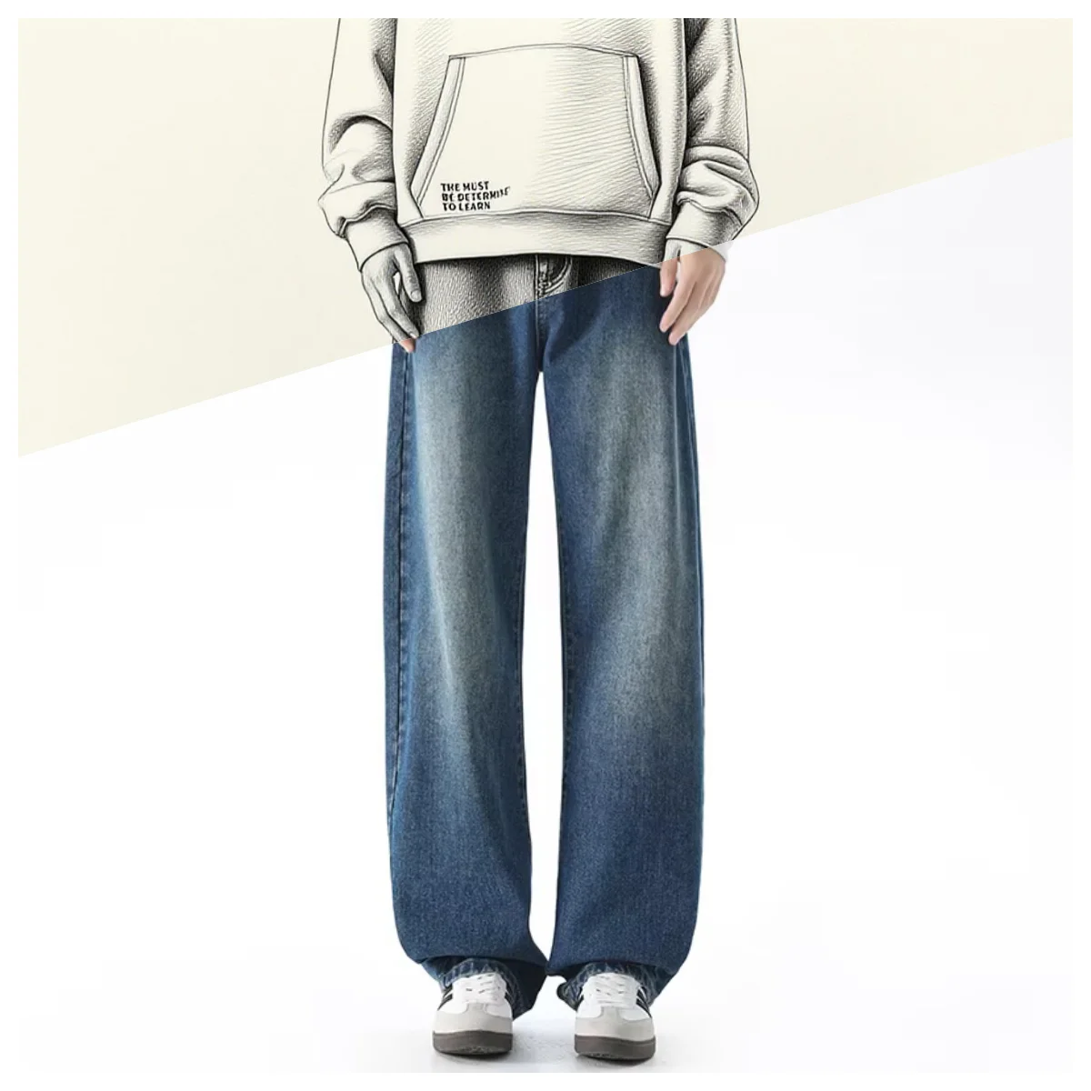 

2025 Blue Streetwear Men's Jeans American Loose Wide leg Loose Straight Casual Trousers Street clean fit Baggy Jeans Black Grey