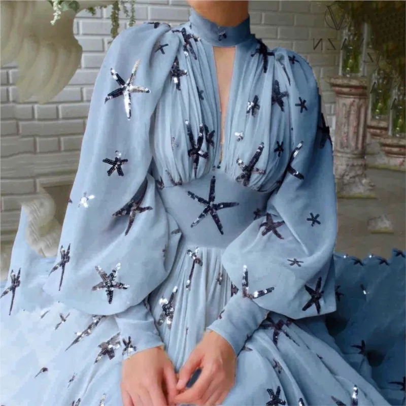 

New Fashion Sexy Lantern Sleeve Maxi Dress Elegant High Collar Sequin Big Swing Slim Fit Slit Chiffon Vacation Dresses For Women