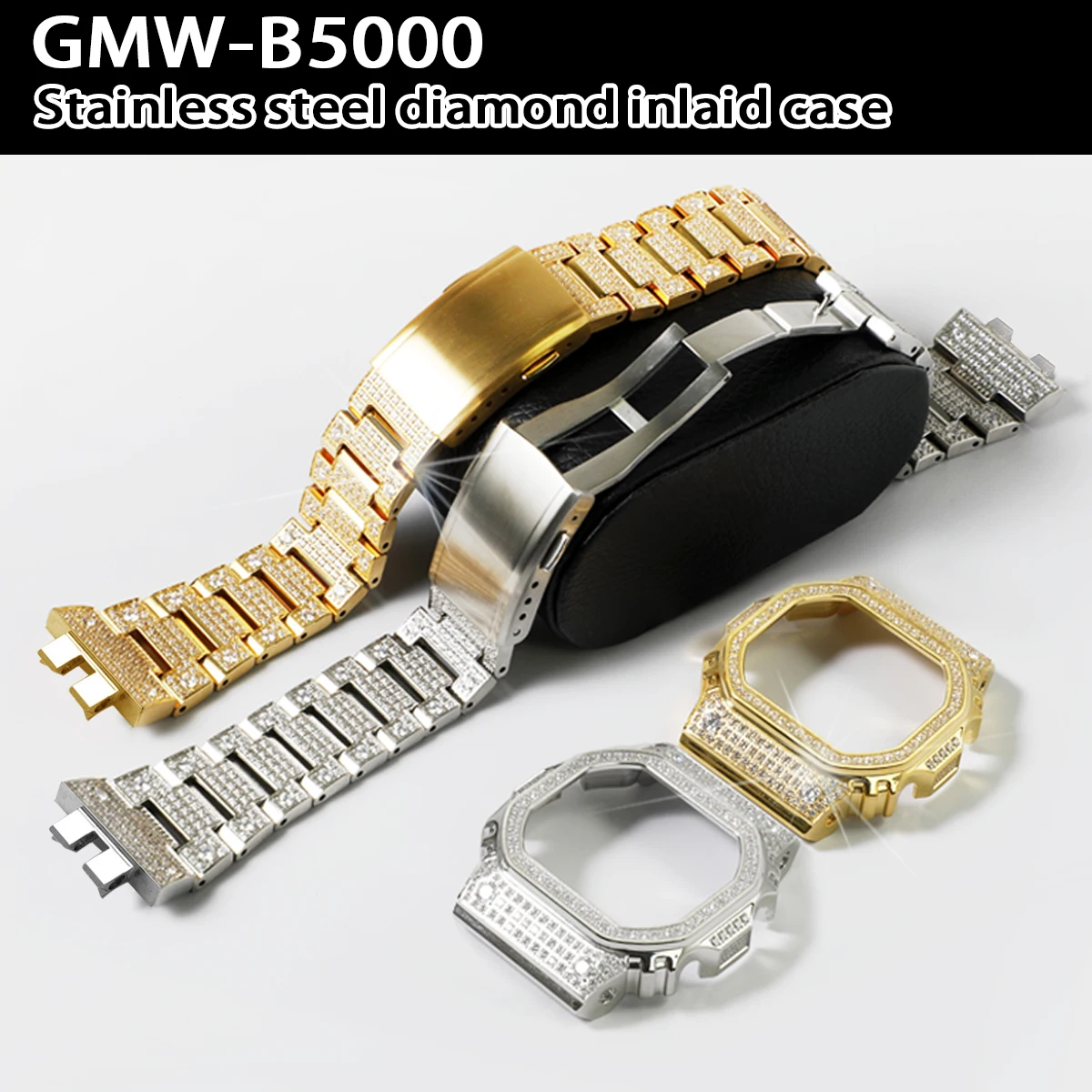 

Комплект для модификации GMWB5000: корпус из нержавеющей стали, быстросъемный браслет, инкрустированный камнями, совместим с часами GMW-B5000